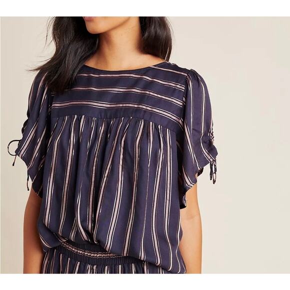 Anthropologie Tops - By Anthropologie Navy & Metallic Striped Tie Short Sleeve Peasant Blouse Top L